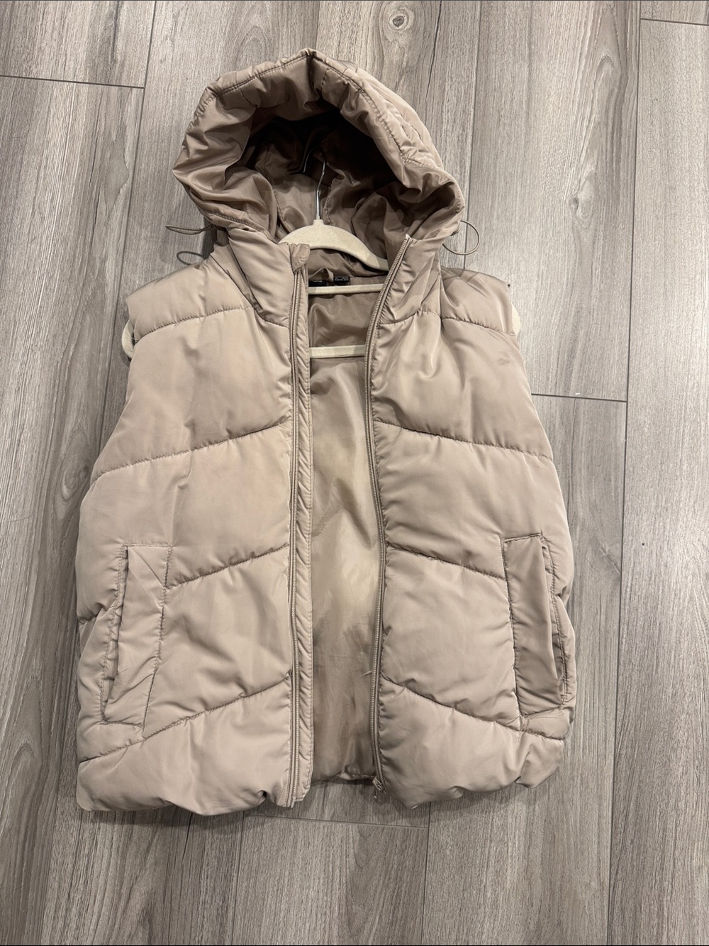 Local European Hooded Puffer Vest in Light Beige